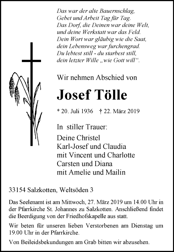  Traueranzeige für Josef Tölle vom 23.03.2019 aus Westfalen-Blatt