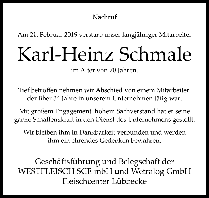  Traueranzeige für Karl-Heinz Schmale vom 06.03.2019 aus Westfalen-Blatt