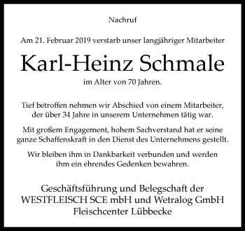 Traueranzeige von Karl-Heinz Schmale von Westfalen-Blatt