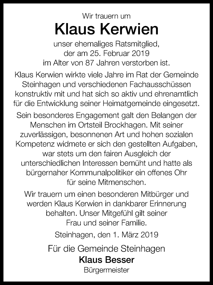  Traueranzeige für Klaus Kerwien vom 01.03.2019 aus Westfalen-Blatt