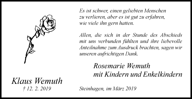  Traueranzeige für Klaus Wemuth vom 16.03.2019 aus Westfalen-Blatt