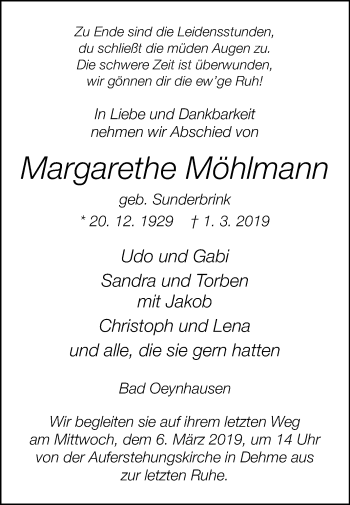 Traueranzeige von Margarethe Möhlmann von Westfalen-Blatt