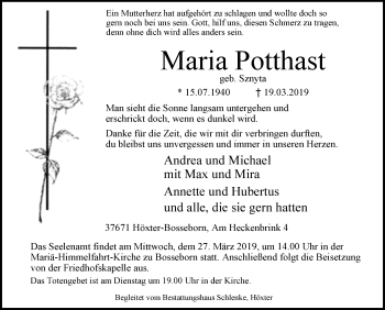 Traueranzeige von Maria Potthast von Westfalen-Blatt
