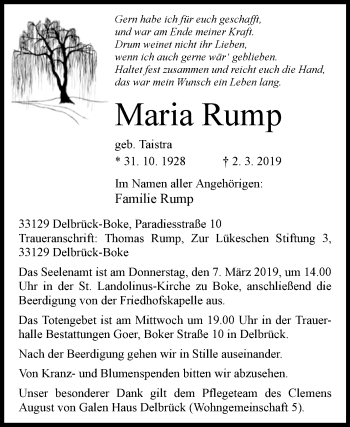 Traueranzeige von Maria Rump von Westfalen-Blatt