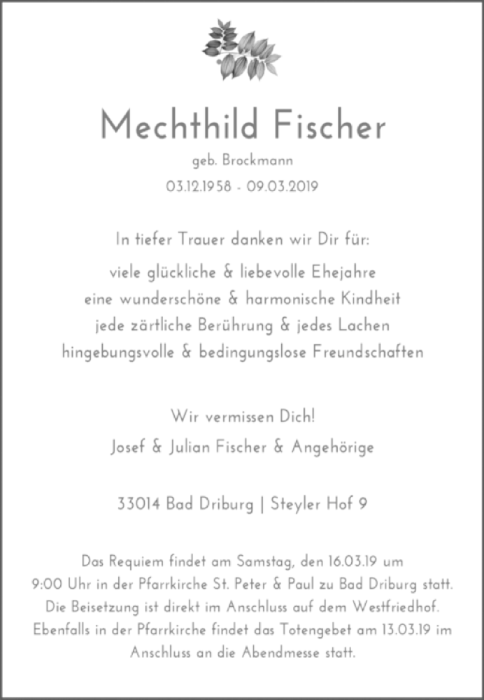  Traueranzeige für Mechthild Fischer vom 13.03.2019 aus Westfalen-Blatt