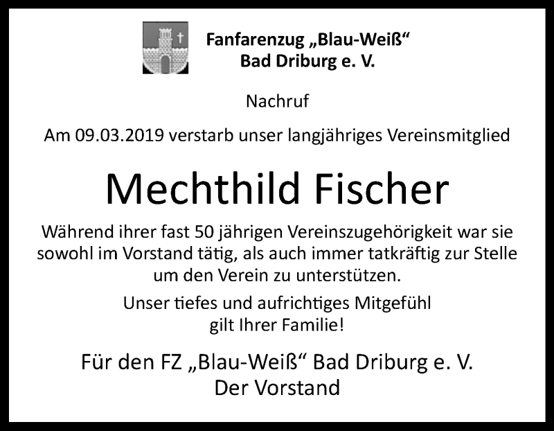  Traueranzeige für Mechthild Fischer vom 14.03.2019 aus Westfalen-Blatt
