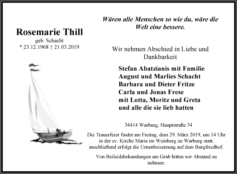  Traueranzeige für Rosemarie Thill vom 23.03.2019 aus Westfalen-Blatt