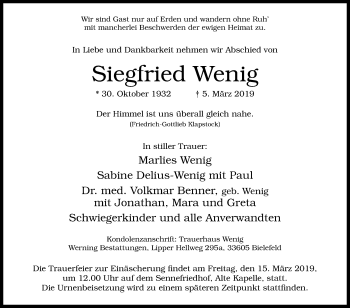 Traueranzeige von Siegfried Wenig von Westfalen-Blatt