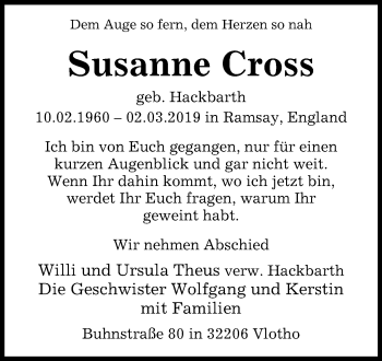 Traueranzeige von Susanne Cross von Westfalen-Blatt