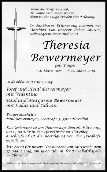 Traueranzeige von Theresia Bewermeyer von Westfalen-Blatt