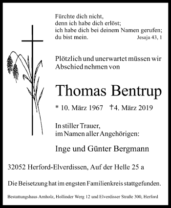 Traueranzeige von Thomas Bentrup von Westfalen-Blatt