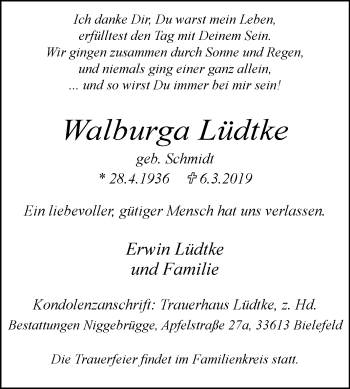 Traueranzeige von Walburga Lüdtke von Westfalen-Blatt