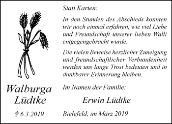 Traueranzeige von Walburga Lüdtke von Westfalen-Blatt