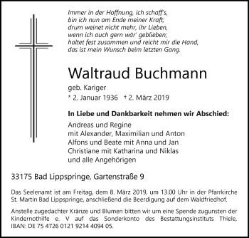 Traueranzeige von Waltraud Buchmann von Westfalen-Blatt