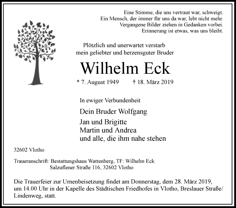  Traueranzeige für Wilhelm Eck vom 25.03.2019 aus Westfalen-Blatt