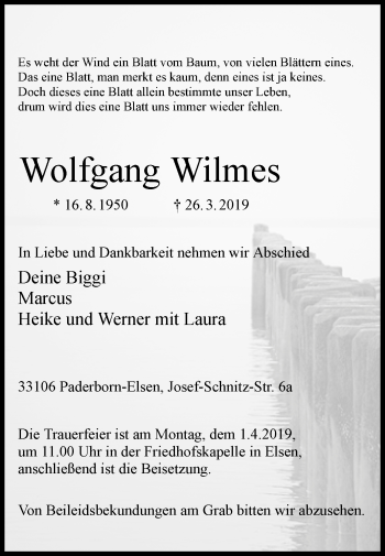 Traueranzeige von Wolfgang Wilmes von Westfalen-Blatt