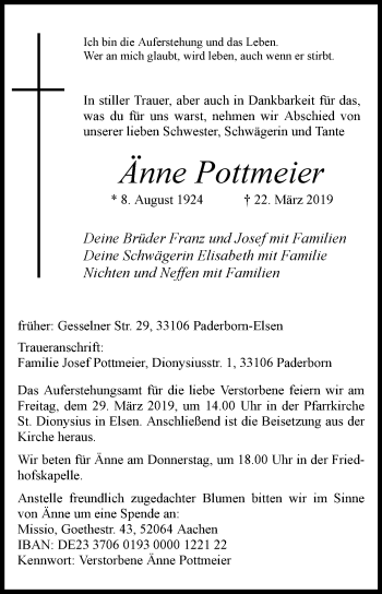 Traueranzeige von Änne Pottmeier von Westfalen-Blatt