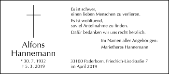 Traueranzeige von Alfons Hannemann von Westfalen-Blatt