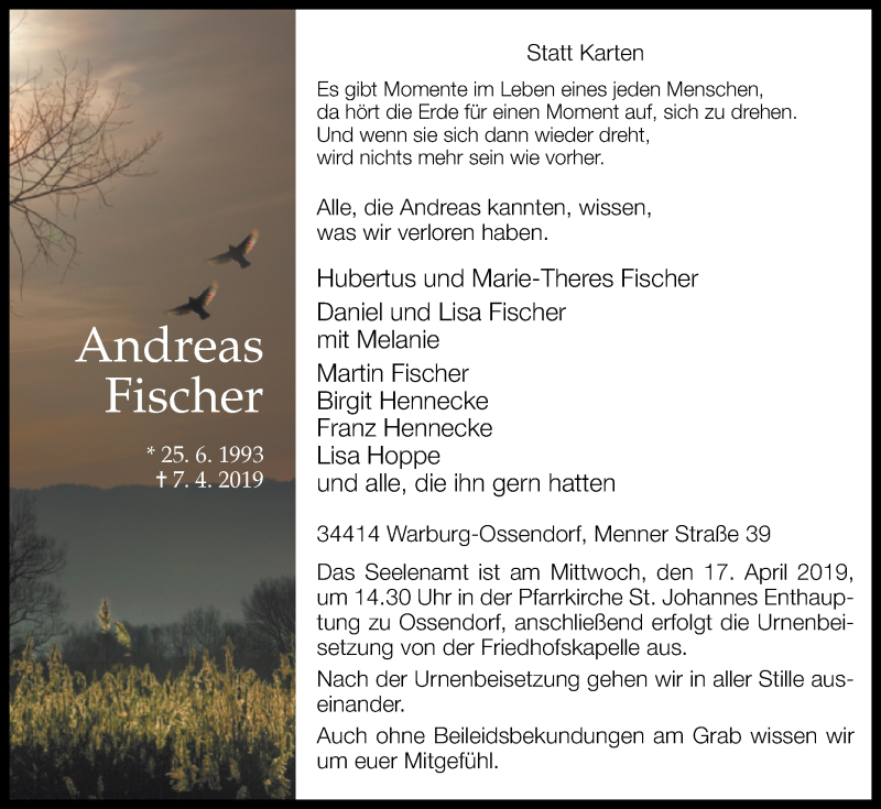  Traueranzeige für Andreas Fischer vom 13.04.2019 aus Westfalen-Blatt