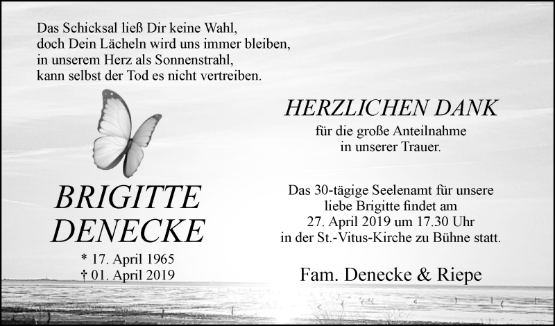  Traueranzeige für Brigitte Denecke vom 19.04.2019 aus Westfalen-Blatt