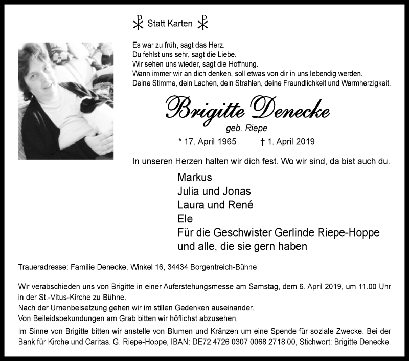  Traueranzeige für Brigitte Denecke vom 06.04.2019 aus Westfalen-Blatt