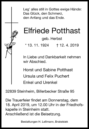 Traueranzeige von Elfriede Potthast von Westfalen-Blatt