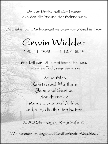 Traueranzeige von Erwin Widder von Westfalen-Blatt