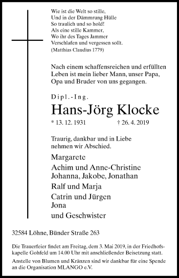 Traueranzeige von Hans-Jörg Klocke von Westfalen-Blatt