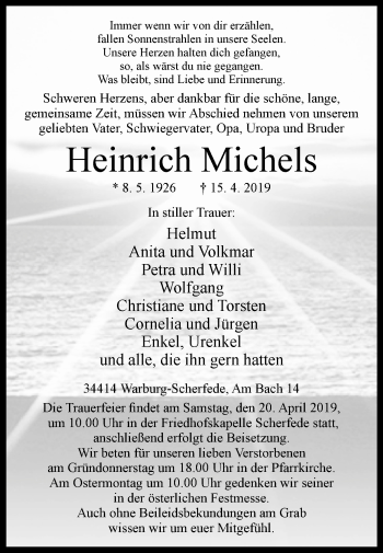 Traueranzeige von Heinrich Michels von Westfalen-Blatt