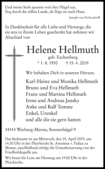 Traueranzeige von Helene Hellmuth von Westfalen-Blatt