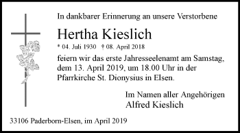 Traueranzeige von Hertha Kieslich von Westfalen-Blatt