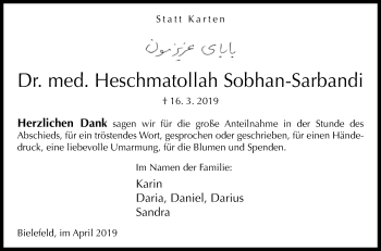 Traueranzeige von Heschmatollah Sobhan-Sarbandi von Westfalen-Blatt
