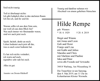 Traueranzeige von Hilde Rempe von Westfalen-Blatt