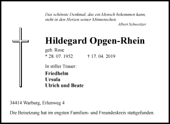 Traueranzeige von Hildegard Opgen-Rhein von Westfalen-Blatt