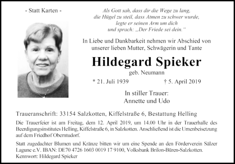  Traueranzeige für Hildegard Spieker vom 10.04.2019 aus Westfalen-Blatt