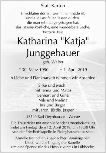 Traueranzeige von Katharina Junggebauer von Westfalen-Blatt