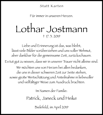 Traueranzeige von Lothar Jostmann von Westfalen-Blatt