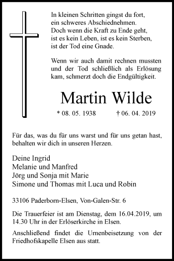 Traueranzeige von Martin Wilde von Westfalen-Blatt