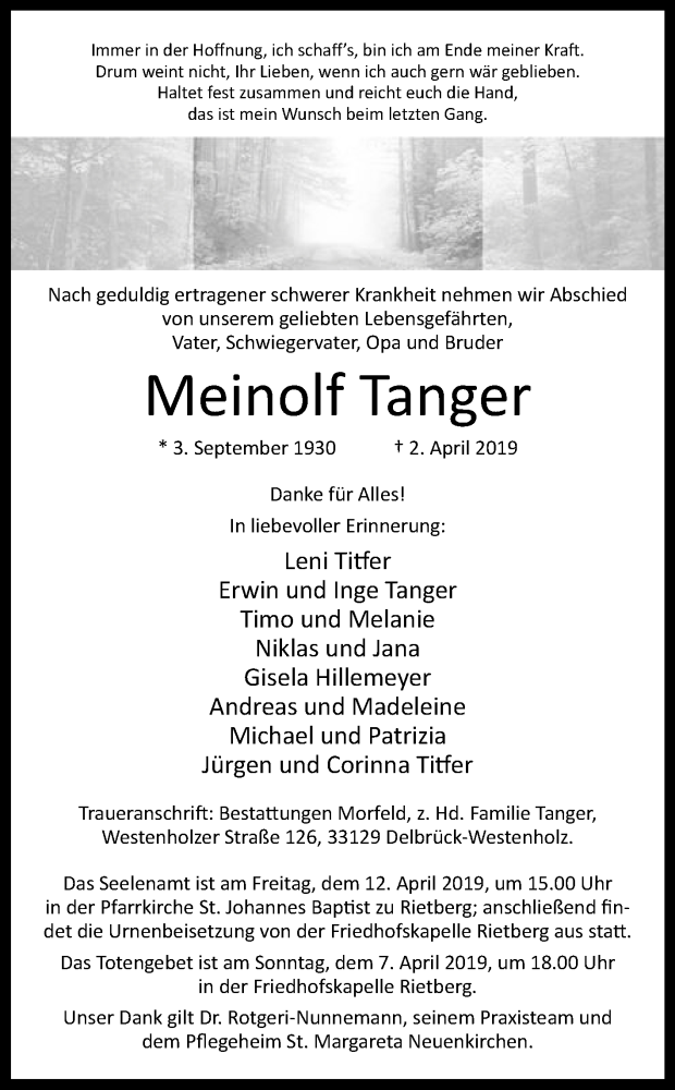  Traueranzeige für Meinolf Tanger vom 06.04.2019 aus Westfalen-Blatt