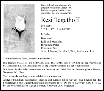 Traueranzeige von Resi Tegethoff von Westfalen-Blatt