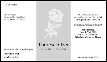 Traueranzeige von Therese Sitzer von Westfalen-Blatt