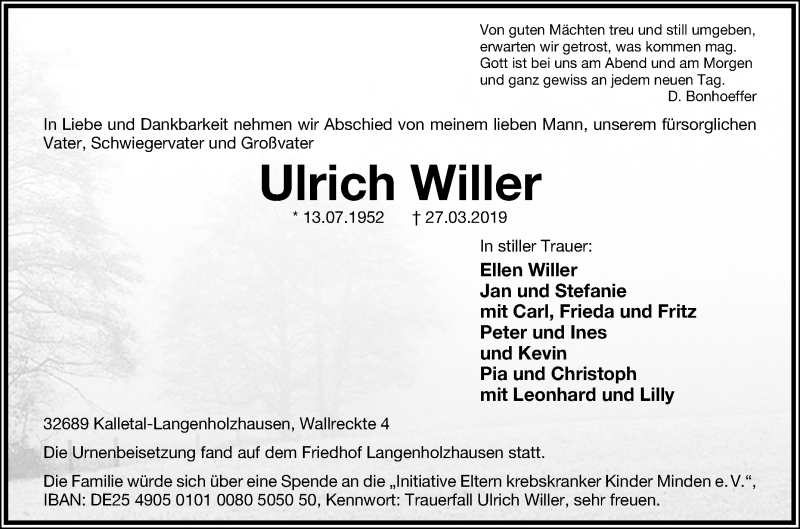  Traueranzeige für Ulrich Willer vom 06.04.2019 aus Westfalen-Blatt