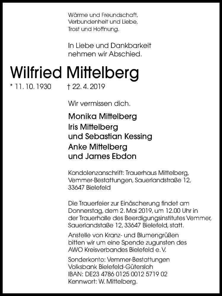  Traueranzeige für Wilfried Mittelberg vom 27.04.2019 aus Westfalen-Blatt