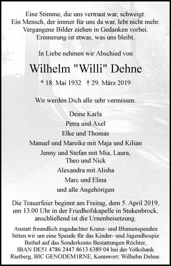Traueranzeige von Wilhelm Dehne von Westfalen-Blatt