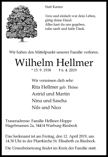 Traueranzeige von Wilhelm Hellmer von Westfalen-Blatt