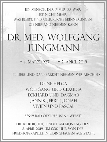 Traueranzeige von Wolfgang Jungmann von Westfalen-Blatt