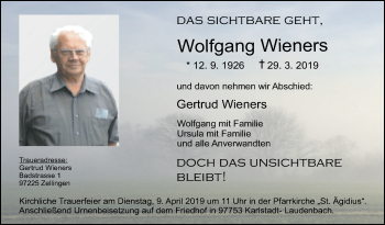 Traueranzeige von Wolfgang Wieners von Westfalen-Blatt