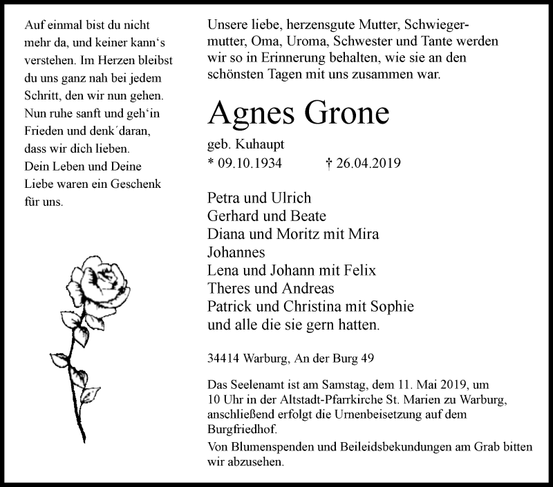  Traueranzeige für Agnes Grone vom 01.05.2019 aus Westfalen-Blatt