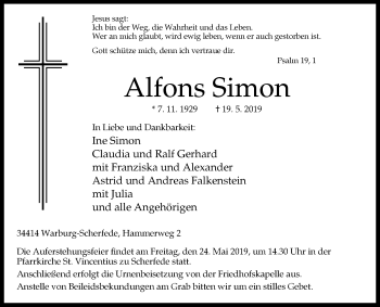 Traueranzeige von Alfons Simon von Westfalen-Blatt