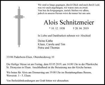 Traueranzeige von Alois Schnitzmeier von Westfalen-Blatt
